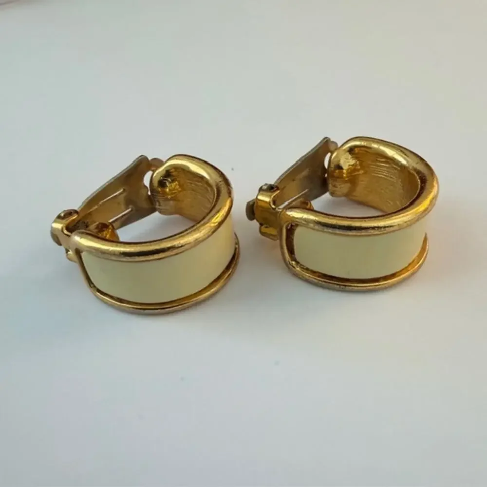 Orena Vintage Clip-On Gold Tone Cream Enamel Polished‎ Half-Hoop Earrings 1970s
